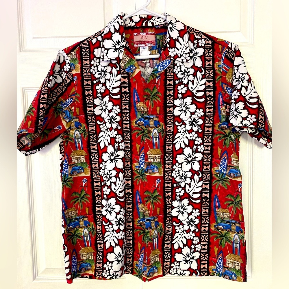 RJC Shirt Hawaiian Red White Hibiscus Flower Short Sleeve Cotton Large